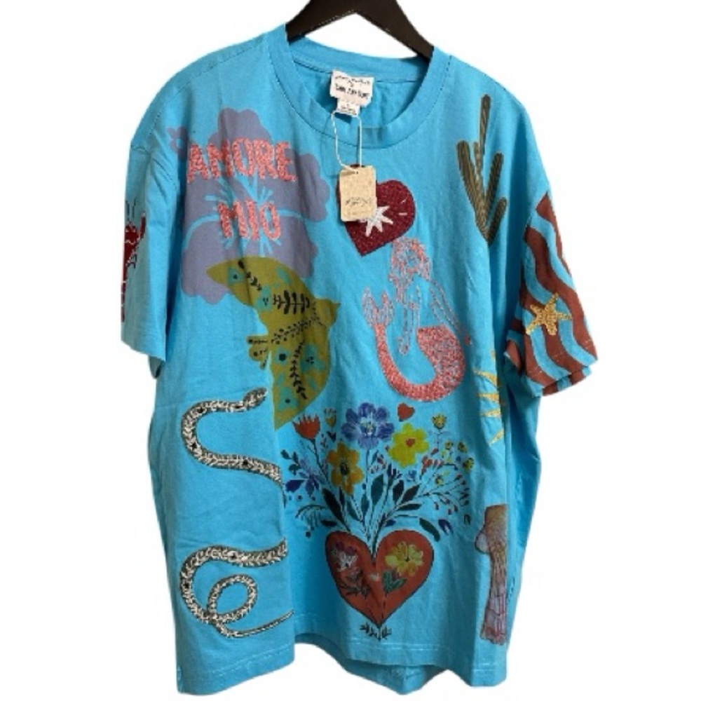 Free People x Denim & Bone Amore Mio Graphic Tee - Pool Blue NWT SIZE M - Picture 4 of 5